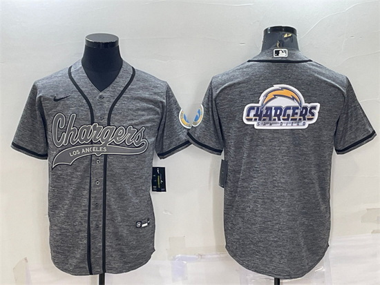 Men Los Angeles Chargers Grey Team Big Logo With Patch Cool Base Stitched Baseball Jersey