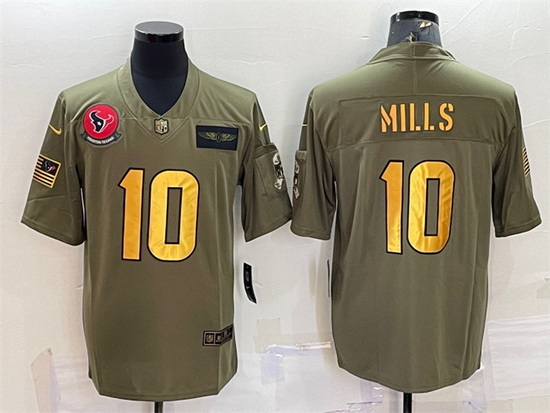 Men Houston Texans 10 Davis Mills Olive Gold Salute To Service Limited Stitched Jersey