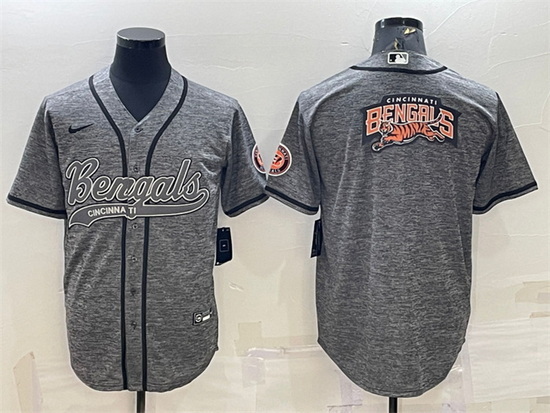 Men Cincinnati Bengals Grey Team Big Logo With Patch Cool Base Stitched Baseball Jersey