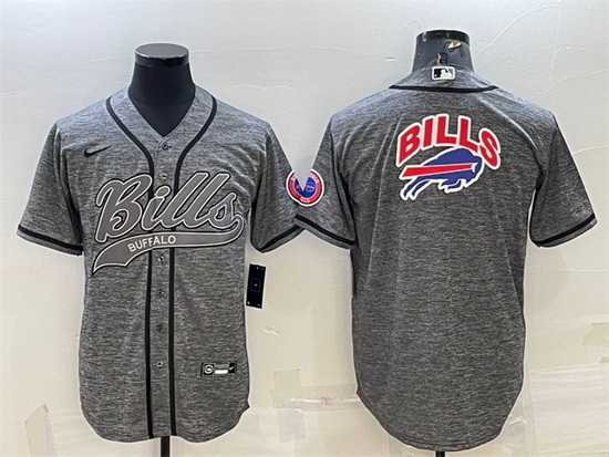 Men Buffalo Bills Grey Team Big Logo With Patch Cool Base Stitched Baseball Jersey