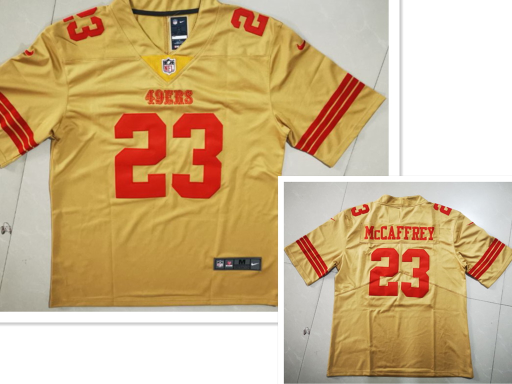 Men's San Francisco 49ers #23 Christian McCaffrey Gold NEW 2022 Inverted Legend Stitched NFL Nike Li