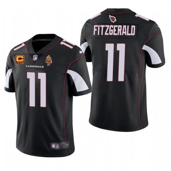 Men Arizona Cardinals #11 Larry Fitzgerald Black With C Patch & Walter Payton Patch Limited Stitched