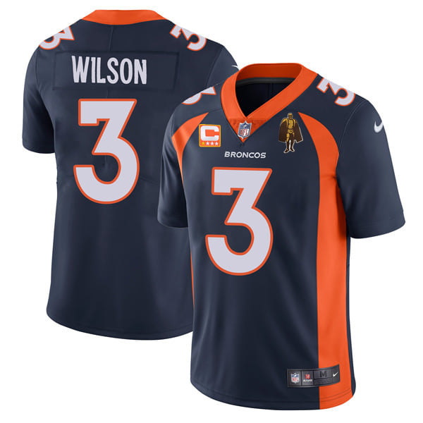 Men Denver Broncos #3 Russell Wilson Navy With C Patch & Walter Payton Patch Vapor Untouchable Limit