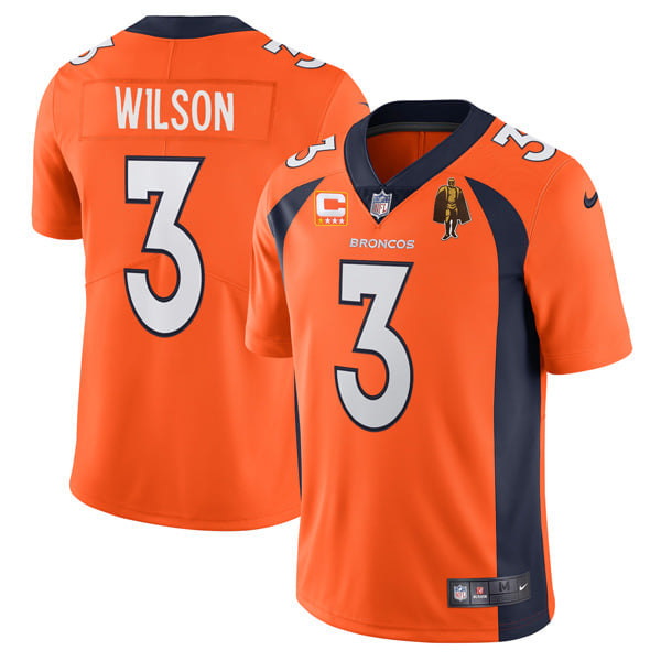 Men Denver Broncos #3 Russell Wilson Orange With C Patch & Walter Payton Patch Vapor Untouchable Lim