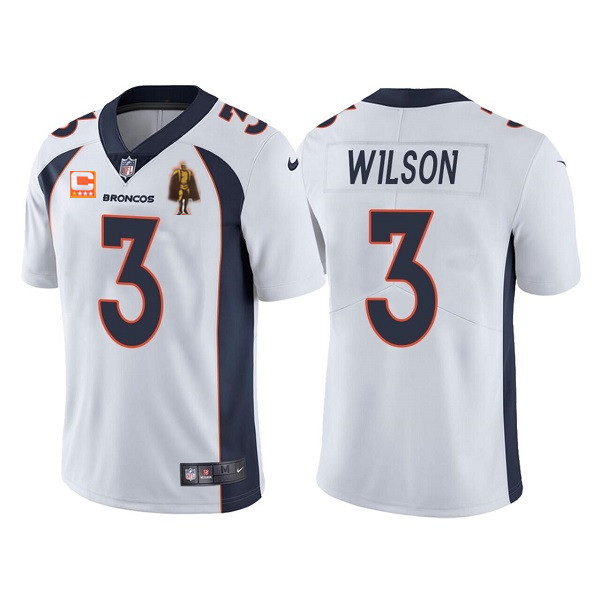 Men Denver Broncos #3 Russell Wilson White With C Patch & Walter Payton Patch Limited Stitched Jerse