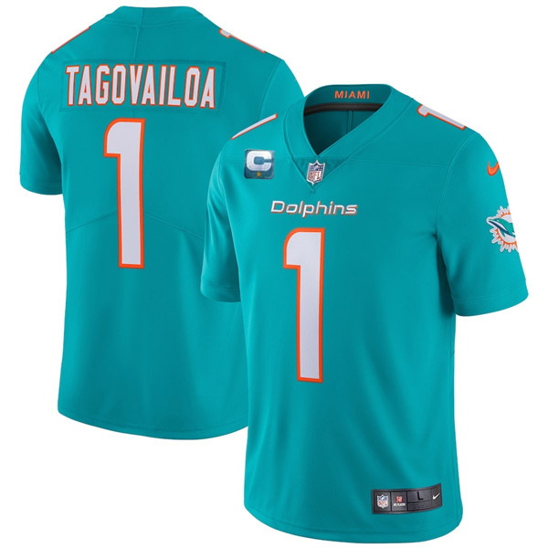 Men Miami Dolphins 2022 #1 Tua Tagovailoa Aqua With 1-star C Patch Vapor Limited Stitched NFL Jersey