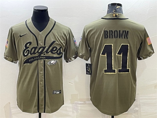 Men Philadelphia Eagles 11 A J  Brown Olive 2022 Salute To Service Cool Base Stitched Baseball Jerse