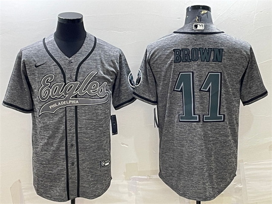 Men Philadelphia Eagles 11 A J  Brown Grey With Patch Cool Base Stitched Baseball Jersey