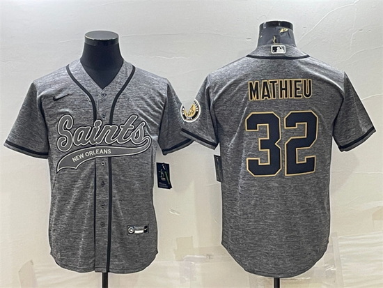 Men New Orleans Saints 32 Tyrann Mathieu Grey With Patch Cool Base Stitched Baseball Jersey