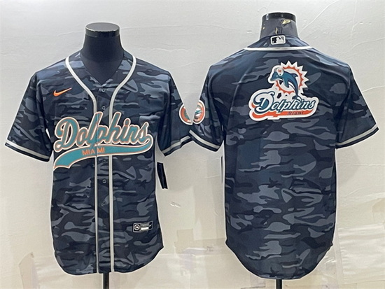 Men Miami Dolphins Grey Camo Team Big Logo With Patch Cool Base Stitched Baseball Jersey