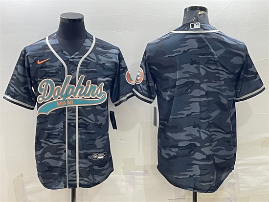 Men Miami Dolphins Blank Grey Camo With Patch Cool Base Stitched Baseball Jersey