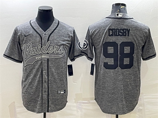 Men Las Vegas Raiders 98 Maxx Crosby Grey With Patch Cool Base Stitched Baseball Jersey