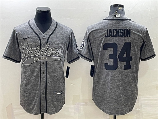 Men Las Vegas Raiders 34 Bo Jackson Grey With Patch Cool Base Stitched Baseball Jersey