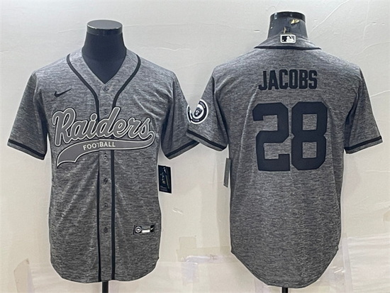 Men Las Vegas Raiders 28 Josh Jacobs Grey With Patch Cool Base Stitched Baseball Jersey