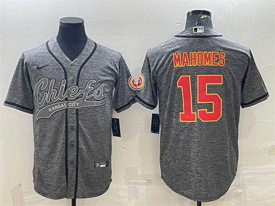 Men Kansas City Chiefs 15 Patrick Mahomes Grey With Patch Cool Base Stitched Baseball Jersey