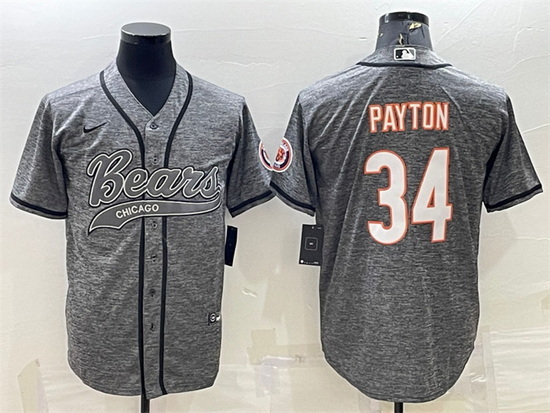 Men Chicago Bears 34 Walter Payton Grey With Patch Cool Base Stitched Baseball Jersey