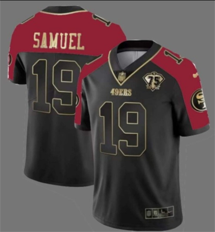 Men San Francisco 49ers 19 Deebo Samuel Balck Red With 75th Anniversary Patch Stitched Football Jers