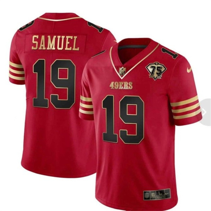 Men San Francisco 49ers 19 Deebo Samuel Red With 75th Anniversary Patch Stitched Football Jersey