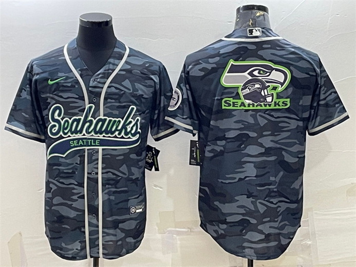 Men Seattle Seahawks Grey Camo Team Big Logo With Patch Cool Base Stitched Baseball Jersey