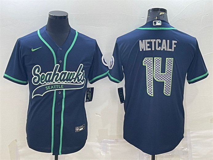 Men Seattle Seahawks 14 DK Metcalf Navy With Patch Cool Base Stitched Baseball Jersey