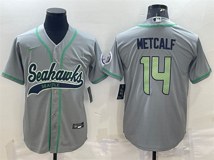 Men Seattle Seahawks 14 DK Metcalf Grey With Patch Cool Base Stitched Baseball Jersey