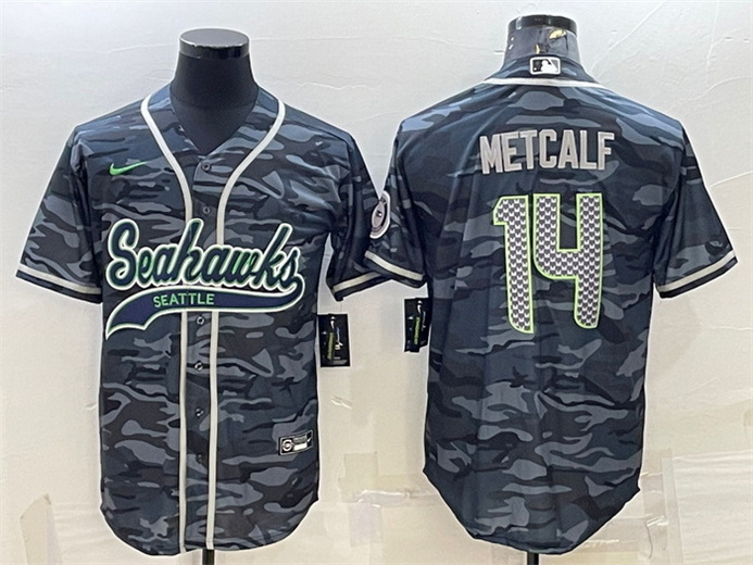 Men Seattle Seahawks 14 DK Metcalf Grey Camo With Patch Cool Base Stitched Baseball Jersey