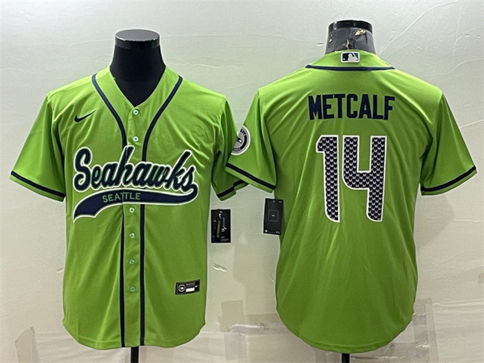 Men Seattle Seahawks 14 DK Metcalf Green With Patch Cool Base Stitched Baseball Jersey