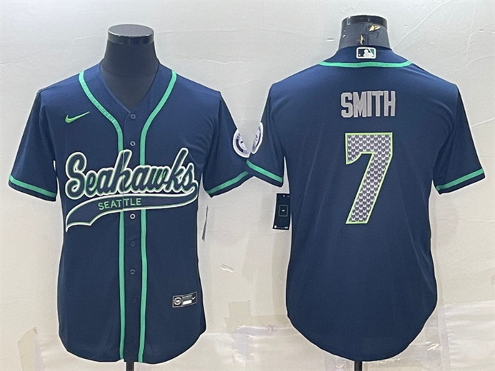 Men Seattle Seahawks 7 Geno Smith Navy With Patch Cool Base Stitched Baseball Jersey