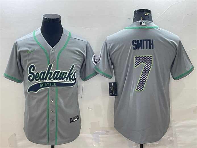 Men Seattle Seahawks 7 Geno Smith Grey With Patch Cool Base Stitched Baseball Jersey