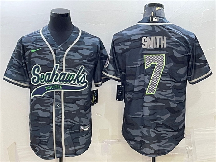 Men Seattle Seahawks 7 Geno Smith Grey Camo With Patch Cool Base Stitched Baseball Jersey