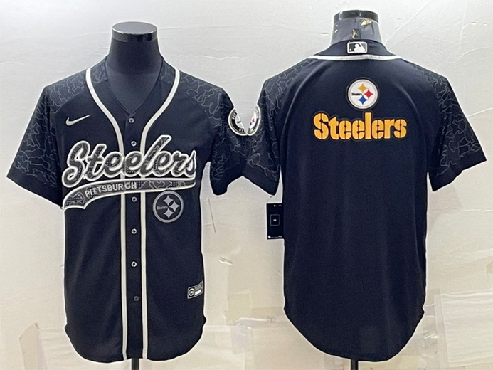 Men Pittsburgh Steelers Black Reflective Team Big Logo With Patch Cool Base Stitched Baseball Jersey