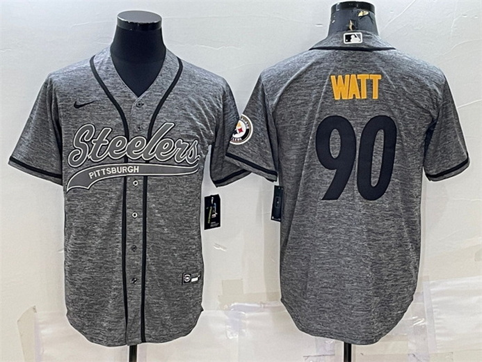 Men Pittsburgh Steelers 90 T J  Watt Grey With Patch Cool Base Stitched Baseball Jersey