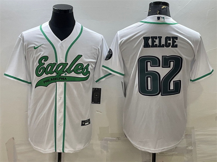 Men Philadelphia Eagles 62 Jason Kelce White With Patch Cool Base Stitched Baseball Jersey