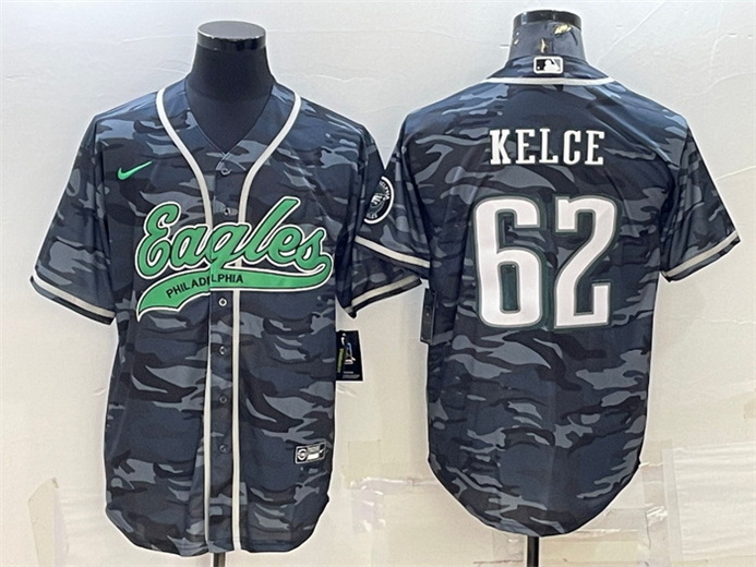 Men Philadelphia Eagles 62 Jason Kelce Grey Camo With Patch Cool Base Stitched Baseball Jersey