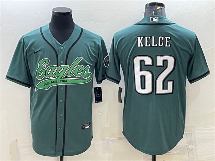 Men Philadelphia Eagles 62 Jason Kelce Green With Patch Cool Base Stitched Baseball Jersey