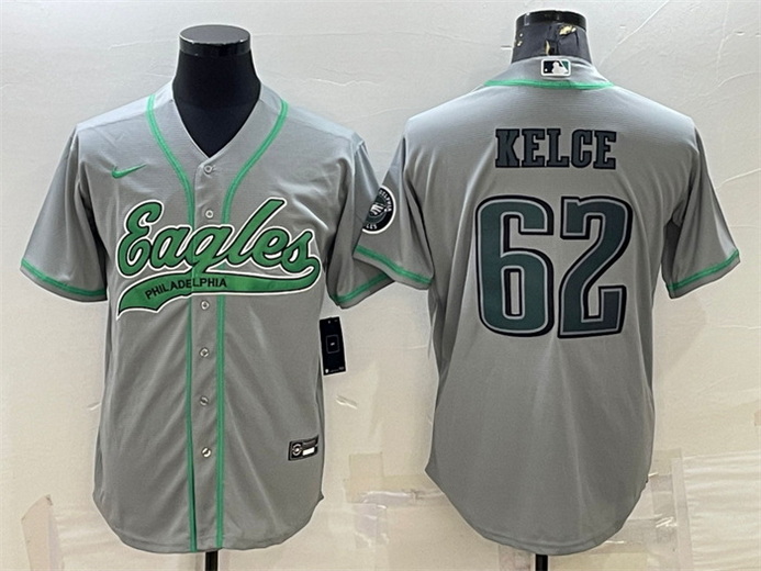 Men Philadelphia Eagles 62 Jason Kelce Gray With Patch Cool Base Stitched Baseball JerseyS