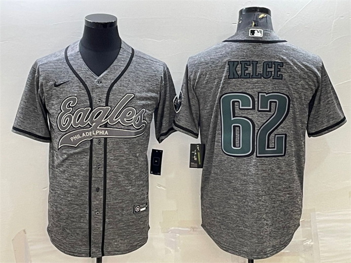 Men Philadelphia Eagles 62 Jason Kelce Gray With Patch Cool Base Stitched Baseball Jersey