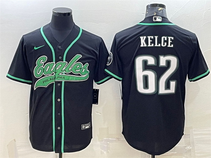 Men Philadelphia Eagles 62 Jason Kelce Black With Patch Cool Base Stitched Baseball Jersey