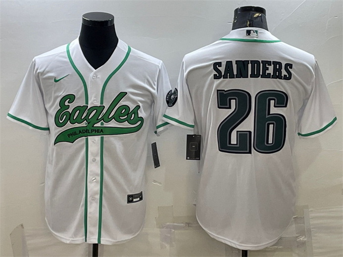 Men Philadelphia Eagles 26 Miles Sanders White With Patch Cool Base Stitched Baseball Jersey