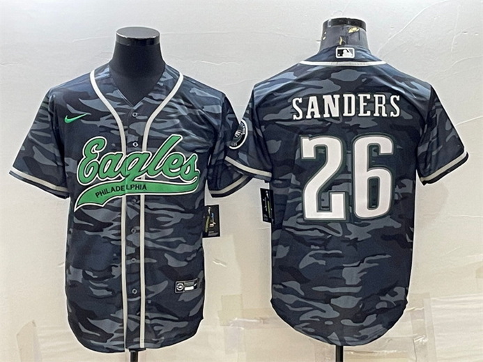 Men Philadelphia Eagles 26 Miles Sanders Grey Camo With Patch Cool Base Stitched Baseball Jersey