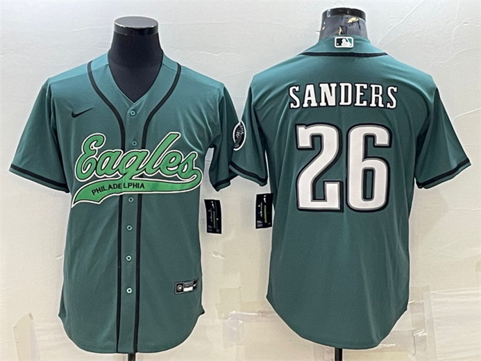 Men Philadelphia Eagles 26 Miles Sanders Green With Patch Cool Base Stitched Baseball Jersey