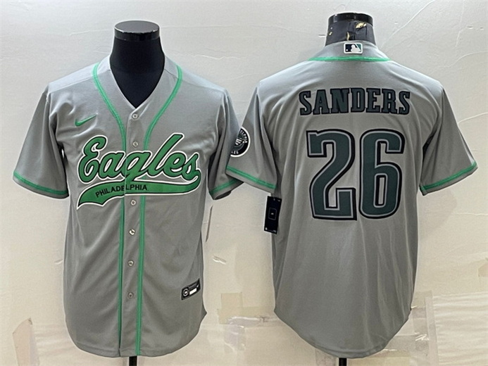 Men Philadelphia Eagles 26 Miles Sanders Gray With Patch Cool Base Stitched Baseball JerseyS