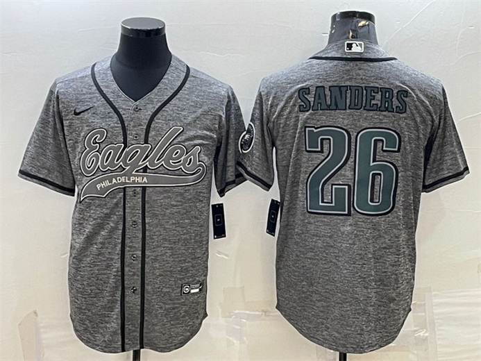 Men Philadelphia Eagles 26 Miles Sanders Gray With Patch Cool Base Stitched Baseball Jersey