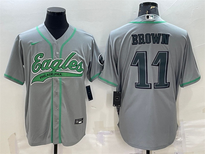 Men Philadelphia Eagles 11 A  J  Brown Grey With Patch Cool Base Stitched Baseball Jersey