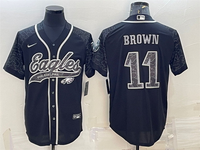 Men Philadelphia Eagles 11 A  J  Brown Black Reflective With Patch Cool Base Stitched Baseball Jerse