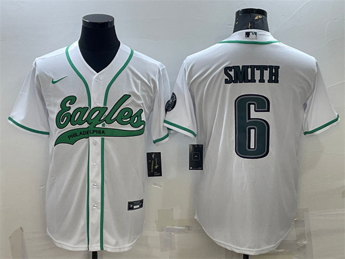 Men Philadelphia Eagles 6 DeVonta Smith White With Patch Cool Base Stitched Baseball Jersey