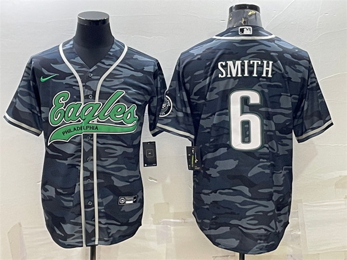 Men Philadelphia Eagles 6 DeVonta Smith Grey Camo With Patch Cool Base Stitched Baseball Jersey