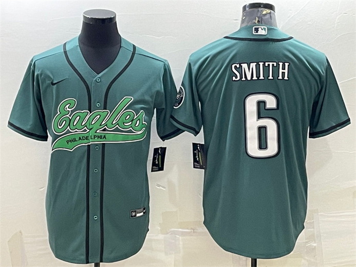 Men Philadelphia Eagles 6 DeVonta Smith Green With Patch Cool Base Stitched Baseball Jersey