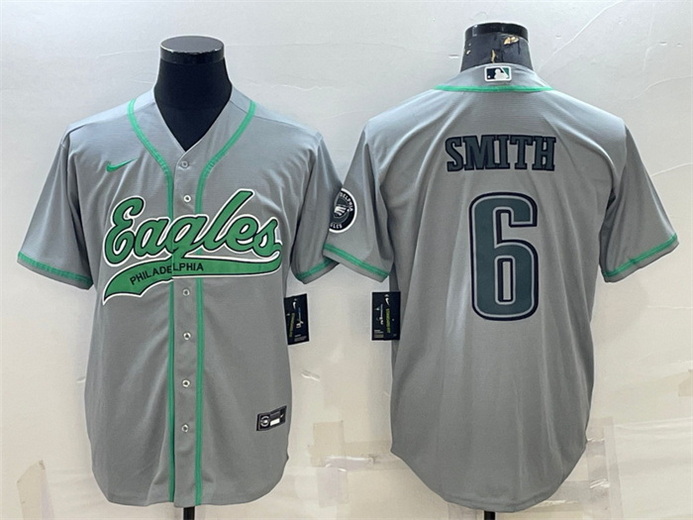 Men Philadelphia Eagles 6 DeVonta Smith Gray With Patch Cool Base Stitched Baseball Jersey