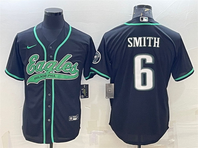 Men Philadelphia Eagles 6 DeVonta Smith Black With Patch Cool Base Stitched Baseball Jersey